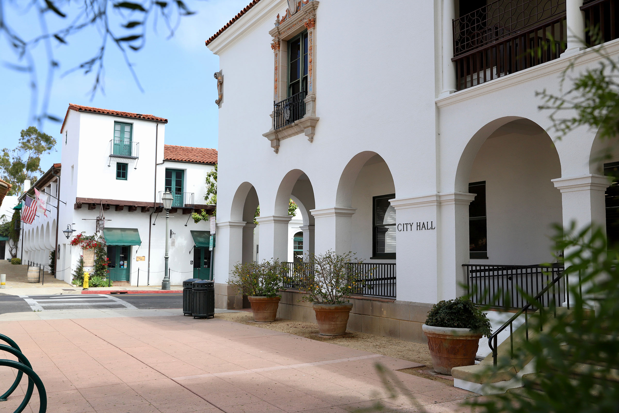 City Hall and El Paseo Downtown Santa Barbara from De la Guerra Plaza