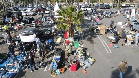 Overhead view of Harbor Nautical Swap Meet with boats, fishing and watersports gear.