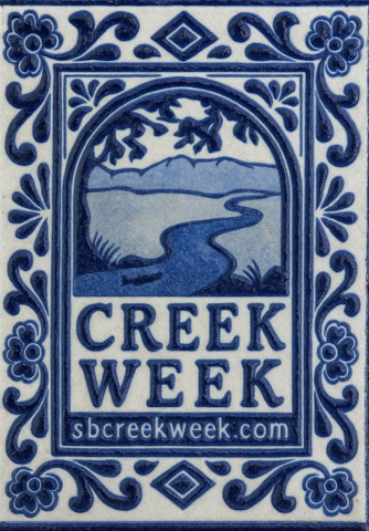 Blue and white decorative tile-style design with floral border and the words 'Creek Week' with the website sbcreekweek.com