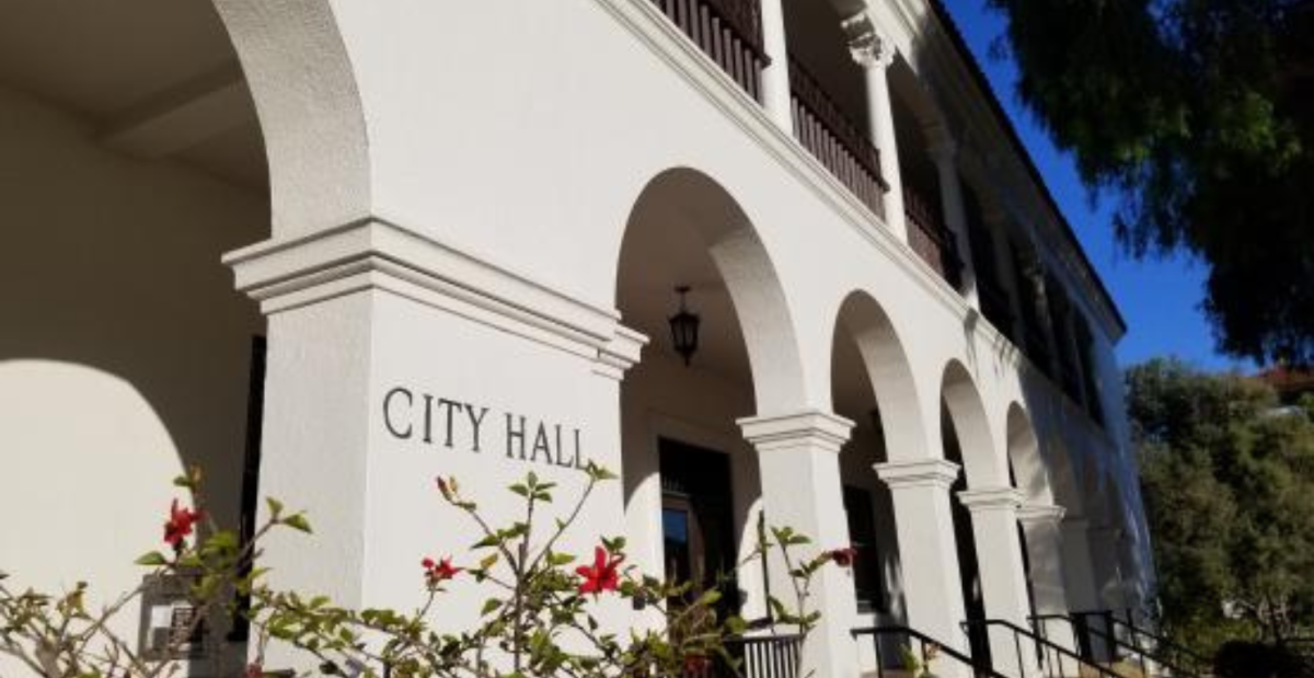 Exterior at City Hall, De la Guerra entrance, located at 735 Anacapa Street.