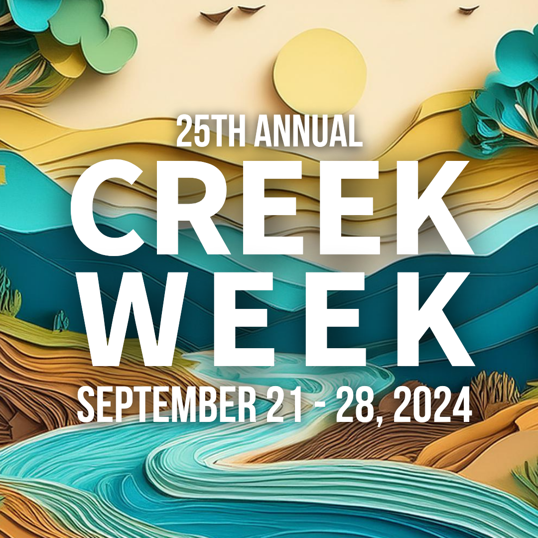 Illustration of a creek flowing through mountains and trees with the words "25th Annual Creek Week September 21-28, 2024" overlaid