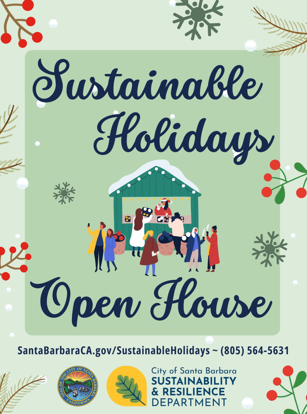 Image of a a market stand with people and the title "Sustainable Holidays Open House"